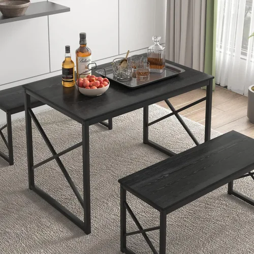 Vista 3 de VECELO Juego de Mesa de Comedor de Cocina con Bancos para 4, Mesa de Comedor de Madera de 43.3" con 2 Bancos, Mesa de Comedor de Alta Resistencia