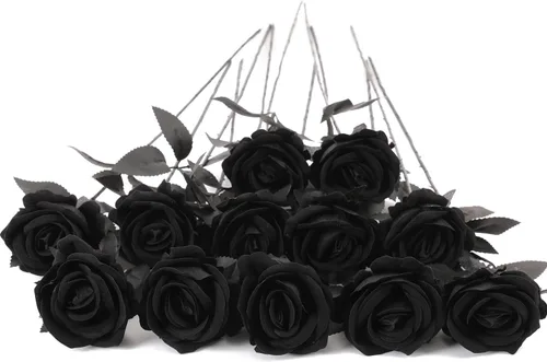 Vista 15 de 12 rosas artificiales de terciopelo sintético para decoración del hogar y boda (rosa perla, negro)