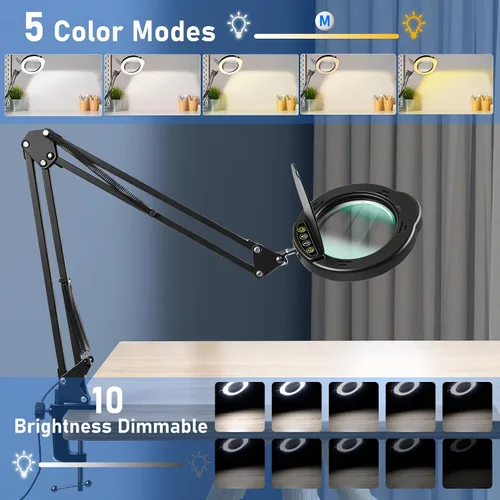 Vista 5 de Lupa grande de 10 veces con luz y soporte, lámpara de escritorio LED con abrazadera, 5 modos de color, 10 niveles regulables, manos libres para Negro