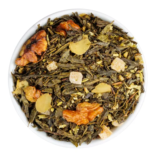 Vista 2 de Té verde de nuez verde con piña, coco, almendras y arce - Té de sencha gourmet de hojas sueltas - Bolsa de 4 onzas