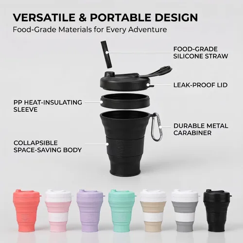 Vista 2 de Taza de Café de Silicona con Pajita y Tapa, Tazas Plegables para Viajar, 20oz, Taza de Agua Plegable Ligera para Picnic, Senderismo, Camping, Negro
