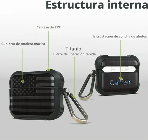 Vista 4 de Carveit - Funda de madera maciza para AirPods Pro 2, bandera estadounidense, color negro
