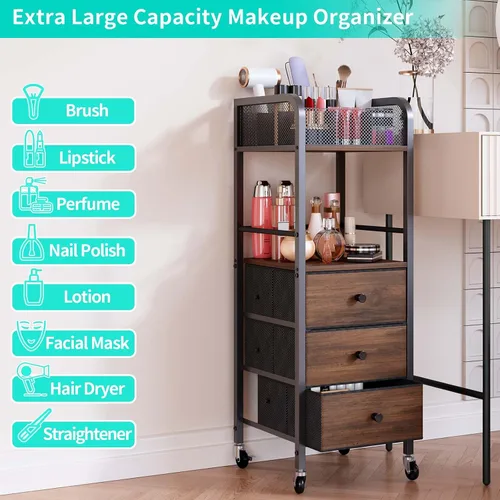 Vista 5 de HapiRm Organizador de Carrito de Maquillaje Rodante - Almacenamiento de Maquillaje y Cuidado de la Piel de Piso con 3 Cajones de Tela No Tejida