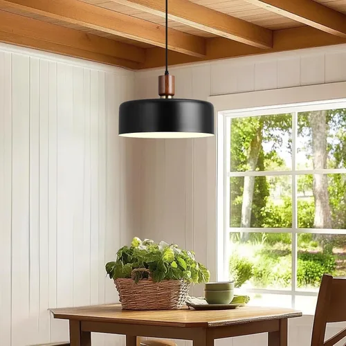 Vista 5 de Lámparas colgantes modernas de madera maciza, candelabros vintage martillados grandes de 13.8 pulgadas, lámpara colgante con acabado negro, lámparas
