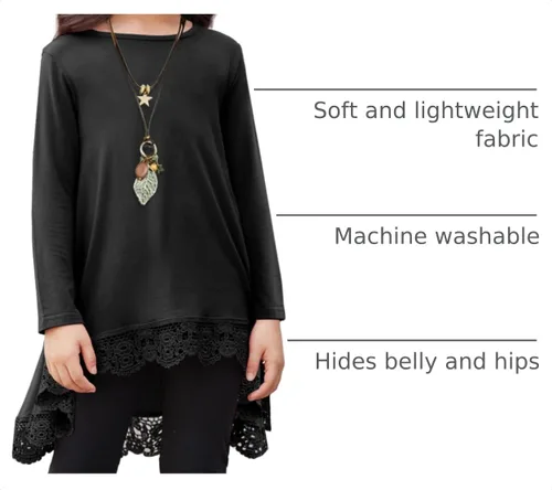Vista 4 de Arshiner - Blusa tipo túnica para niñas, casual, básica, suelta, suave, con movimiento, de manga larga, camiseta tipo playera Negro (C Black)