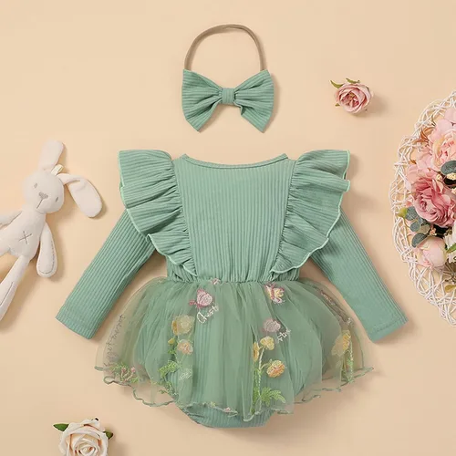 Vista 3 de MERSARIPHY Conjunto de mameluco de otoño para bebé niña con volantes, manga larga, a cuadros, overol con diadema