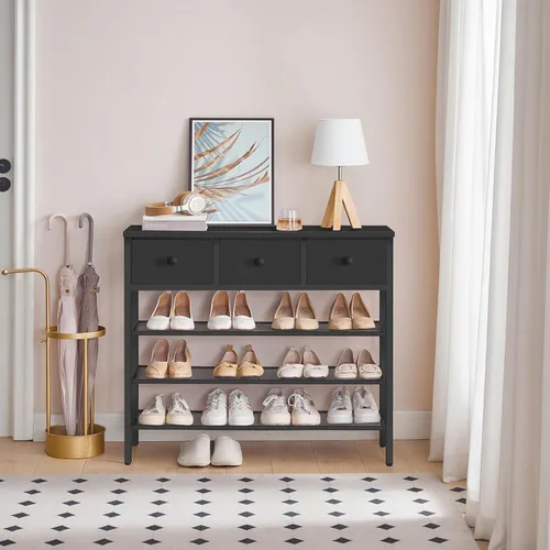 Vista 2 de YATINEY - Zapatero de 4 niveles con 3 cajones, organizador de zapatos de metal para 15 pares con estantes de almacenamiento y parte superior de Negro