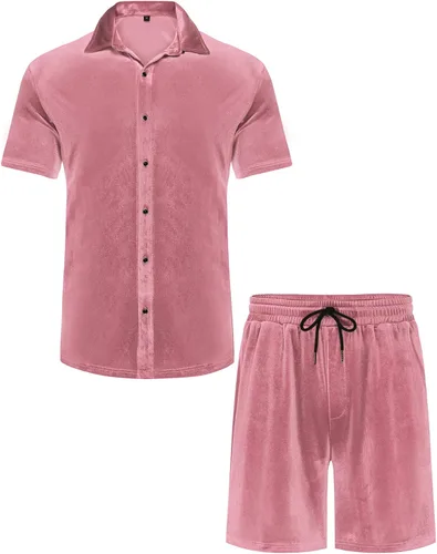 Vista 4 de LecGee Conjunto de pantalones cortos casuales de verano para hombre, camisa de terciopelo de manga corta con botones, pantalones cortos de cintura