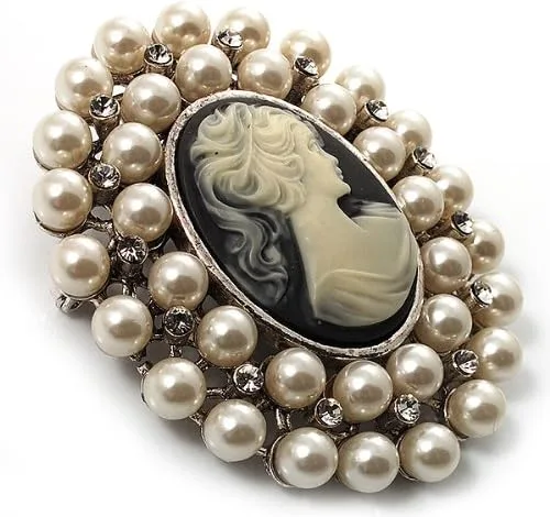 Vista 4 de Broche de camafeo de cristal de perlas simuladas (tono plateado), Perla de imitación Cristal Cameo Perla sintética Cristal, Sin gemas.