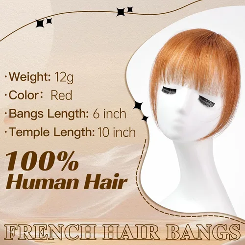 Vista 2 de HAIRCUBE Flequillo con clip, extensiones de flequillo 100 % cabello humano, flequillo grueso francés de 0.44 oz (12 gramos) con clip en las Rojo