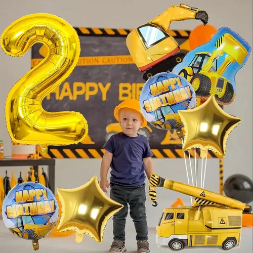Vista 6 de Suministros de fiesta de 2º cumpleaños de construcción, juego de 9 globos de construcción con globo dorado del número 2 de 2 años, globo de aluminio