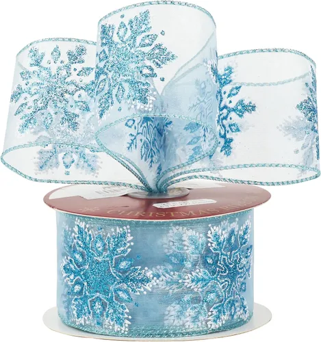 Vista 9 de HUIHUANG Cinta con alambre con purpurina de copo de nieve, cinta de copo de nieve azul y blanca para árbol de Navidad, 2-1/2 pulgadas x 25 yardas