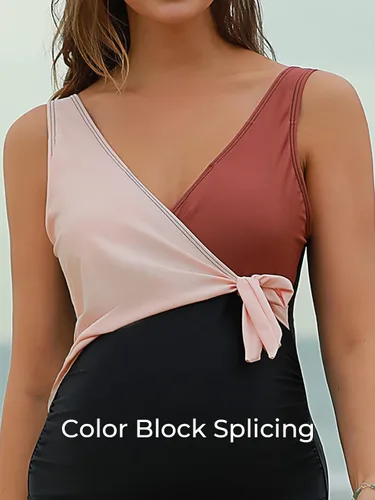 Vista 5 de Summer Mae Traje de baño de maternidad de una pieza con lazo frontal, cuello en V, traje de baño de corte alto
