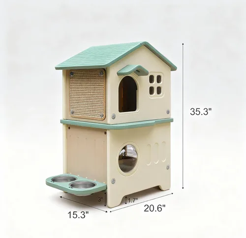 Vista 6 de Casa aislada para gatos al aire libre resistente a la intemperie para gatos múltiples felinos, refugio elevado de plástico de 2 pisos con puerta