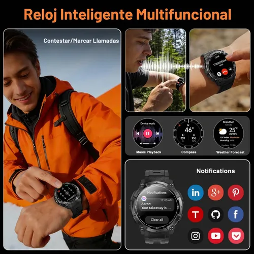 Vista 11 de Reloj inteligente militar resistente para hombre con GPS, reloj AMOLED de seguimiento de fitness de 1.43 pulgadas con llamada Bluetooth Negro