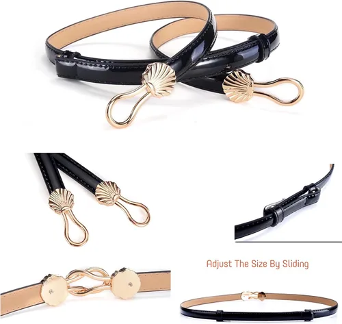 Vista 8 de Cinturón ajustado de piel de charol para mujer, cinturón de cintura ajustable con hebilla de aleación de color dorado sólido