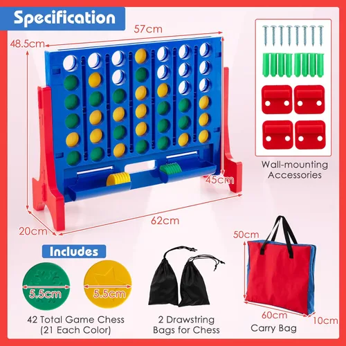 Vista 9 de COSTWAY - Juego gigante de 4 en línea con bolsa de transporte de almacenamiento, juego Jumbo de 4 en fila con ajedrez, deslizador de liberación