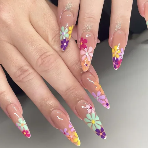Vista 19 de Uñas postizas ovaladas a presión con puntas francesas, juego de uñas postizas cortas de flores artificiales, uñas postizas acrílicas con diseños