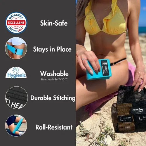 Vista 5 de ANIQ® Bandas de resistencia de tela – Juego de bandas antideslizantes para glúteos – 3 niveles para piernas, glúteos y terapia física – Equipo