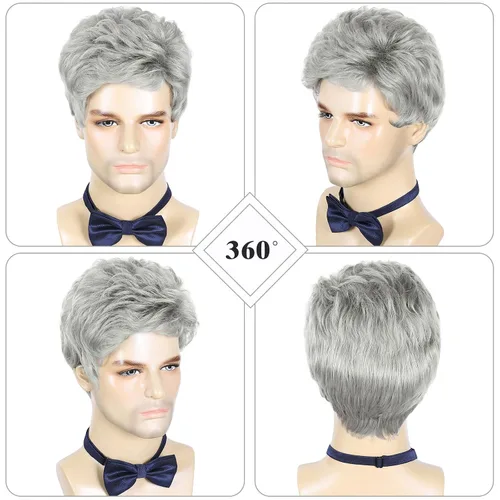 Vista 4 de DDHAIR Peluca corta gris plateado para hombre, pelucas de cabello sintético en capas naturales para hombre, hombre, hombre, hombre, diario, Halloween