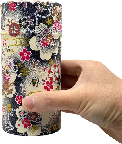 Vista 3 de 野口熊太郎茶園 Bote de té japonés Hanatsudumi (tambor de flores) azul oscuro negro/doble tapa/papel washi japonés pegado/7.05 oz capacidad de té/hojas