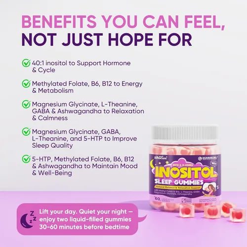 Vista 6 de Gomitas de mio-inositol y D-chiro inositol para dormir + Ashwagandha, glicinato de magnesio, L-teanina y GABA, suplemento de inositol para mujeres