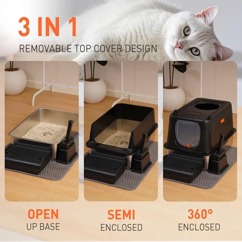 Vista 3 de Citylife - Caja de arena para gatos de acero inoxidable con tapa, entrada frontal y superior, caja de arena de metal extra grande con pala