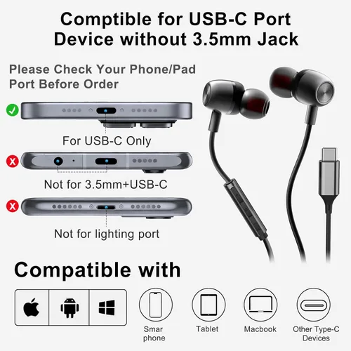 Vista 6 de Auriculares USB C para Samsung S24 S23 FE S22 S21 S20 A53 A54 Auriculares intrauditivos de metal tipo C con micrófono Control de volumen Bass Stereo