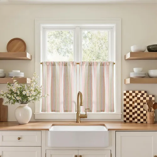 Vista 66 de Jinchan - Cortinas de lino a rayas para cocina, 24 pulgadas, beige, 2