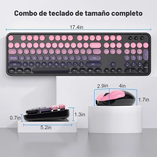 Vista 7 de Dilter Combo de teclado y mouse inalámbricos, teclado retro con teclas redondas, ergonómico de tamaño completo, ideal para PC con Windows, hogar