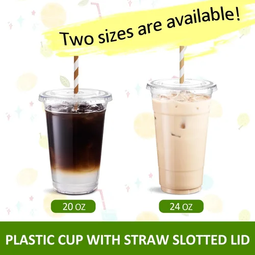 Vista 4 de Eupako Vasos de plástico de 24 onzas con tapas, transparentes desechables para llevar con tapas para café helado, bebidas frías, batidos, Bubble