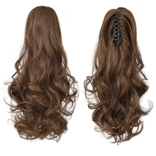 Vista 6 de Extensiones de cabello castaño para mujer, pinza de extensiones de cola de caballo, postizo rizado de 16 pulgadas, extensiones de cola de caballo