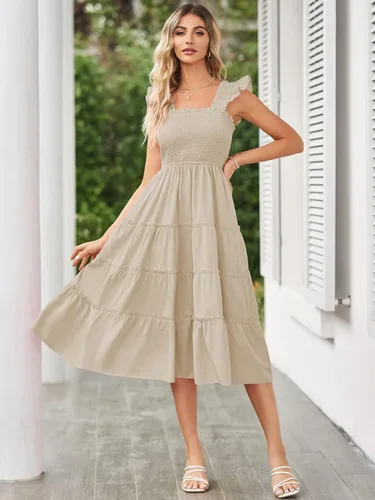 Vista 5 de Vestido midi para mujer, cuello cuadrado, volantes, sin mangas, escalonado, casual