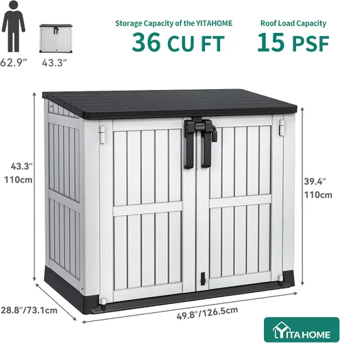 Vista 8 de YITAHOME - Cobertizo de almacenamiento al aire libre de 36 pies cúbicos de resina, cobertizo de herramientas horizontal resistente a la intemperie