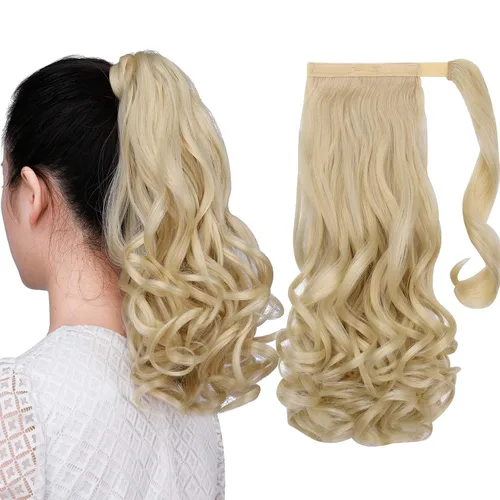 Vista 69 de Extensiones de cola de caballo, extensión de cola de caballo negra de 16 pulgadas, corta, ondulada, rizada, envolvente, resistente al calor