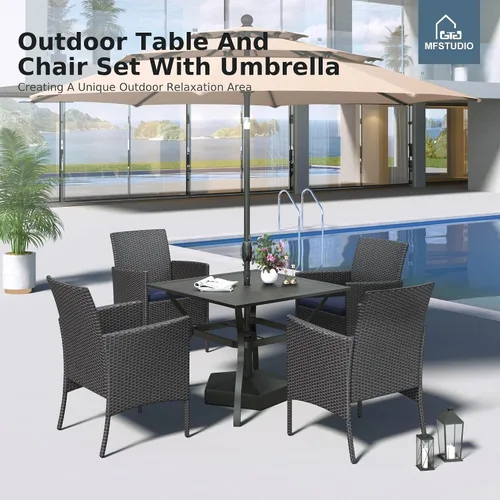 Vista 9 de MFSTUDIO Juego de comedor al aire libre para 4, juegos de comedor de 5 piezas, mesa de patio y sillas para 4 con paraguas, juego de muebles de Beige