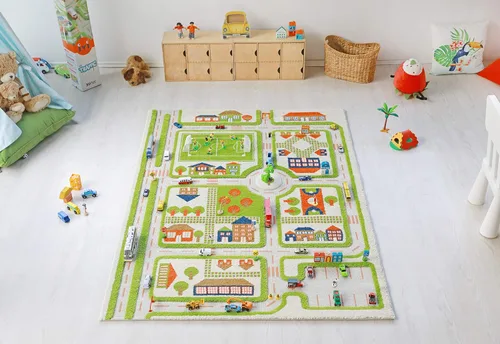 Vista 9 de IVI Alfombra de juego gruesa 3D para niños con diseño de ciudad colorida con campo de fútbol, estacionamiento y carreteras, azul, 32 x 45 pulgadas