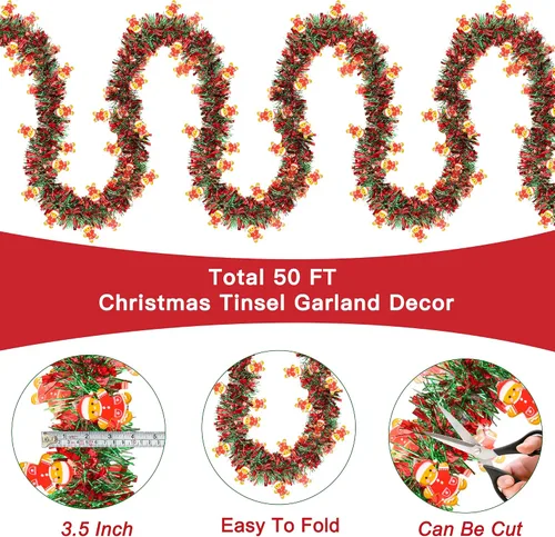 Vista 2 de Guirnalda de Navidad de 50 pies de rojo y verde con adornos de hombre de jengibre, guirnalda metálica gruesa y brillante para árbol, chimenea