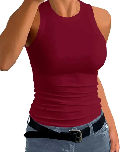 Vista 2 de Afibi Camisetas sin mangas para mujer, de verano, básicas, de punto delgado, acanaladas, con espalda cruzada
