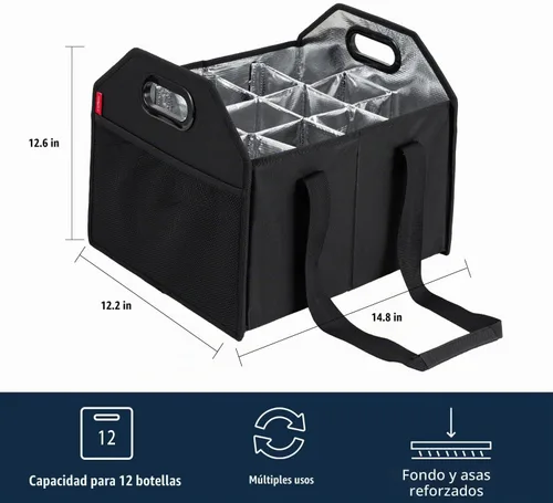 Vista 4 de Portabotellas plegable para 12 botellas, caja de almacenamiento reutilizable portátil para mudanza, carrito de vacaciones, compras, acceso a cata