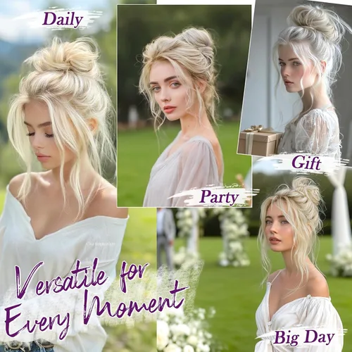 Vista 5 de BARSDAR Rubio dorado con reflejos, 2 piezas de cabello desordenado de moño + extensiones de moño de cabello humano real rubio