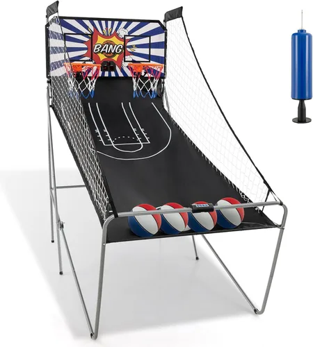 Vista 7 de Giantex Juego de Arcade de Baloncesto Plegable, 8 Opciones de Juego, Juego Electrónico de Tiro Doble para 2 Jugadores con 4 Bolas y Sistema de Negro