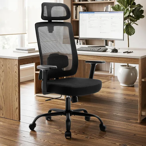 Vista 8 de Shintenchi Silla de oficina de malla, silla ergonómica de escritorio de oficina en casa con soporte lumbar ajustable, reposacabezas, inclinación