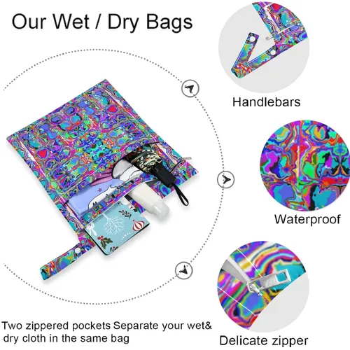 Vista 5 de visesunny Bolsa húmeda de estilo étnico con estampado de teñido anudado, 2 piezas, con bolsillos con cremallera, lavable, reutilizable, espaciosa