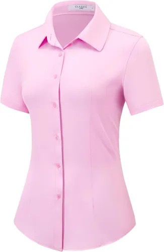Vista 12 de Camisas con botones para mujer, de manga corta, elásticas, sin arrugas, para negocios, casual, oficina, blusa de trabajo