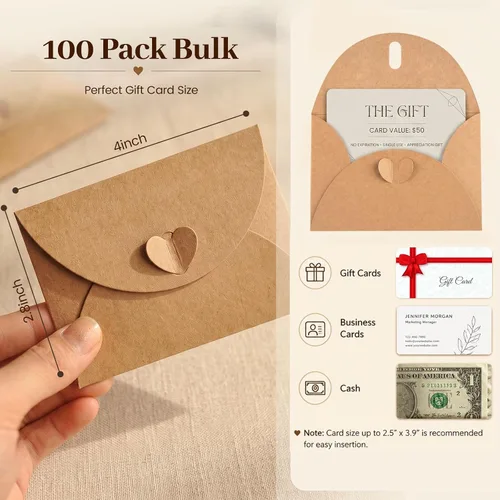 Vista 2 de HANSGO 100 mini sobres para tarjetas de regalo, portadores de tarjetas de regalo de 4 x 2.8 pulgadas con cierre de corazón, para bodas, cumpleaños