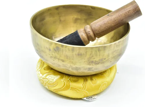 Vista 2 de Cuenco antiguo antiguo tibetano de 5 pulgadas de Nepal-Meditation Bowl, oro curativo
