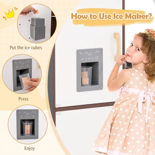 Vista 8 de Costzon Juego de cocina esquinera para niños, cocina de madera con sonidos y luces, lavadora, máquina de hielo, microondas, horno, fregadero