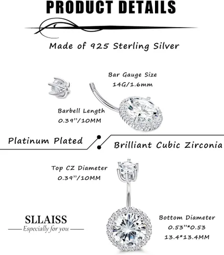 Vista 3 de Sllaiss Anillos de ombligo con halo de circonita cúbica para mujer, plata de ley 925, 14G, anillos de ombligo redondos de circonita cúbica, joyería