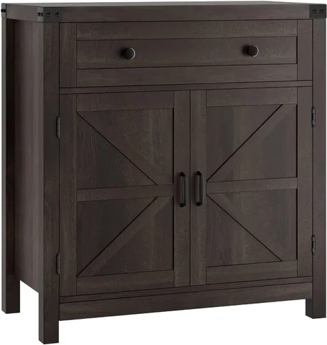 Vista 11 de HOSTACK Armario de almacenamiento de cocina, gabinete de barra de café de granja, gris ceniza Small Buffet Cabinet with Doors & Wide Drawer, Wood